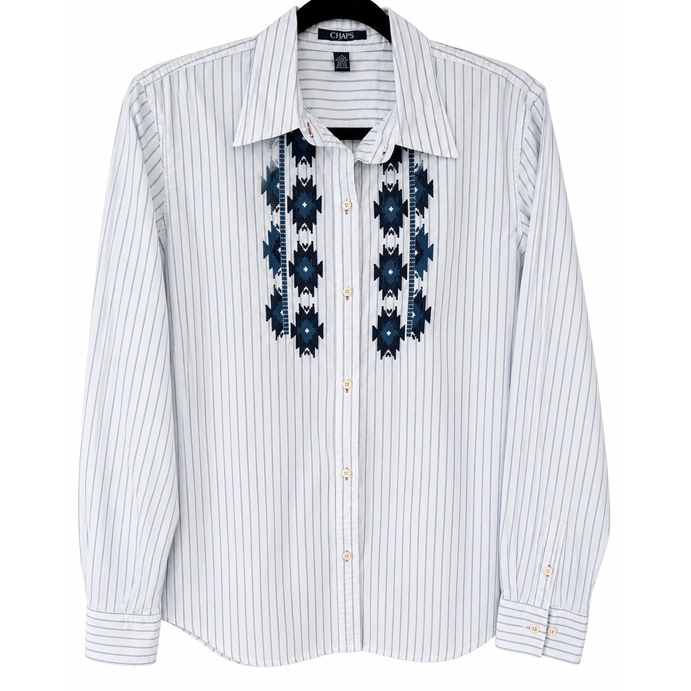 CHAPS Womens Blue Pinstripe Embroidered Cotton Button Up Shirt Large L